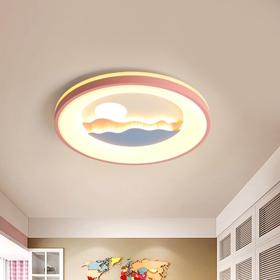 Macaron Round LED Flush Mount Acrylic Kid's Bedroom Ceiling Lamp with Sunset Over Cloud Pattern in Blue/Pink
