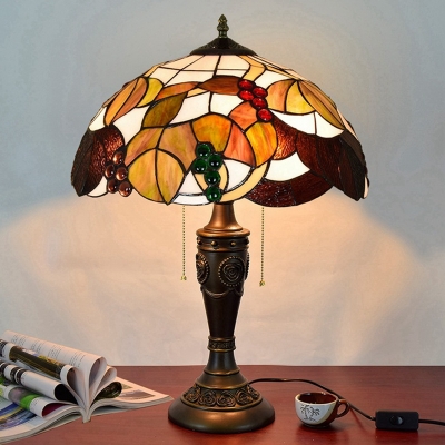 Mediterranean Bowl Night Lamp 2-Head Stained Glass Pull Chain Desk Light in Brown/White and Brown with Grape Pattern