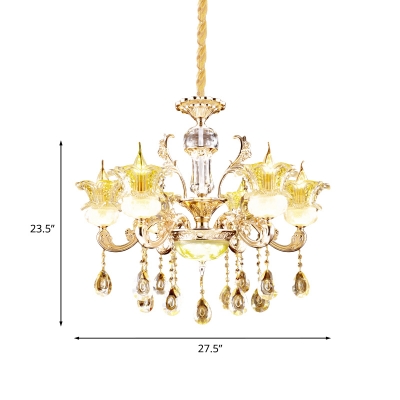 Mid Century Flower Up Hanging Chandelier Clear Crystal Glass 6 Lights Dining Room Pendant Light Kit in Gold
