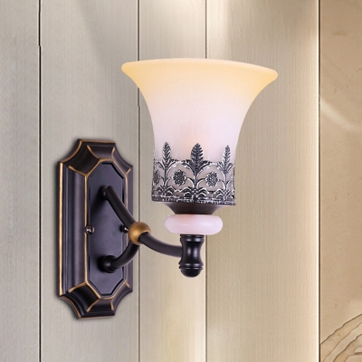 Milky Glass Black Wall Mounted Lighting Conical 1-Head Classic Style Surface Wall Sconce with Flower and Leaf Pattern