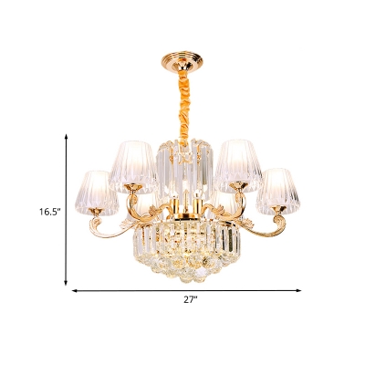 Modern Cone Shade Hanging Pendant 6-Light Prismatic Crystal Chandelier Lighting with Ball Finial in Gold