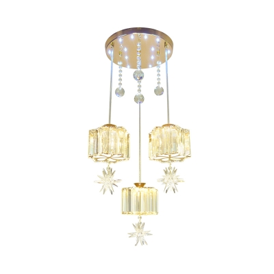 Modern Style Floral Multi Hanging Light 3 Bulbs Beveled Crystal Pendant Ceiling Light in Gold