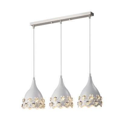 Modernist Conical Cluster Pendant Metal 3 Bulbs Dining Room Crystal Suspension Lamp in White