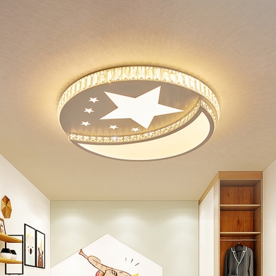 Moon and Star Dorm Room Flush Light Modernist Crystal White LED Ceiling Mount Lamp