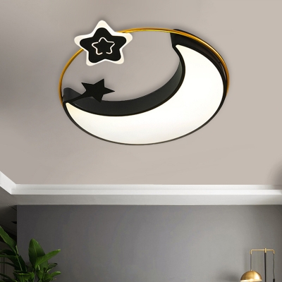 Nordic Crescent And Star Flushmount Acrylic Bedroom LED Ceiling Mount Light Fixture in Black
