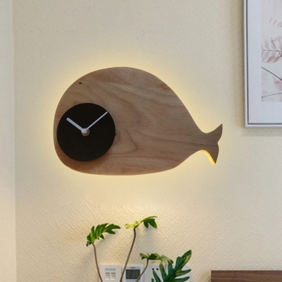 Nordic LED Sconce Light Fixture White/Black/Beige Whale Shape Wall Mount Lighting with Wood Panel Shade in White/Warm Light