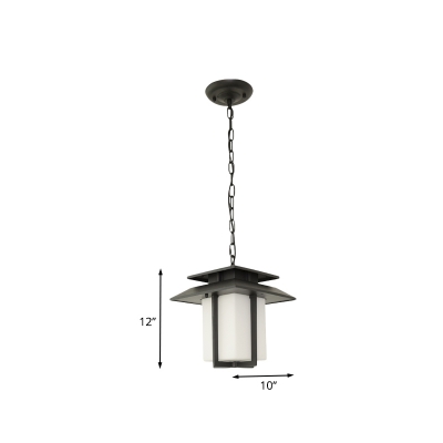 Opal Glass Black Hanging Light Fixture Cuboid 1 Head Traditional Down Lighting for Balcony