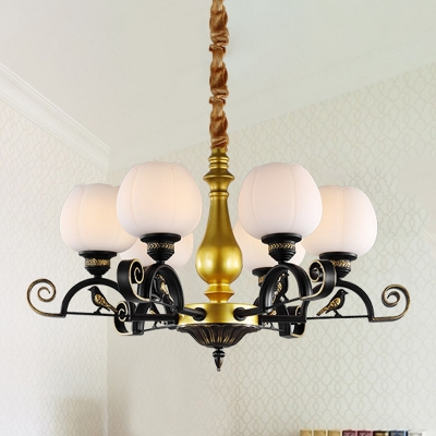 Opal Glass Floral Chandelier Lighting Fixture Classic 6 Lights Bedroom Pendant Light Kit in Black and Gold