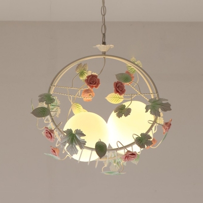 Pink 2 Bulbs Chandelier Lighting Korean Flower White Glass Egg Pendant with Wire Cage