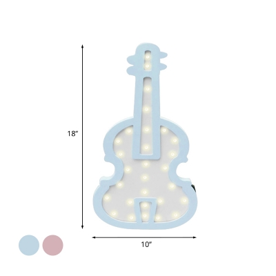 Pink/Blue Guitar Small Night Lamp Cartoon Style Wood Integrated LED Wall Lighting Ideas for Kindergarten