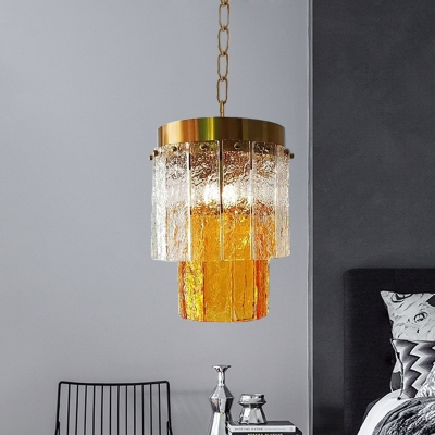 Postmodern 2-Layer Hanging Lamp Single Yellow and Clear Textured Crystal Suspension Pendant Light