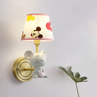 Resin Mouse Wall Mounted Lighting Fixture Cartoon 1 Head Grey Sconce with Patterned Fabric Lampshade