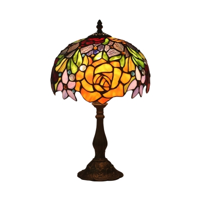 Rose Stained Glass Night Lighting Baroque 1-Bulb Bronze Nightstand Lamp with Bowl Shade