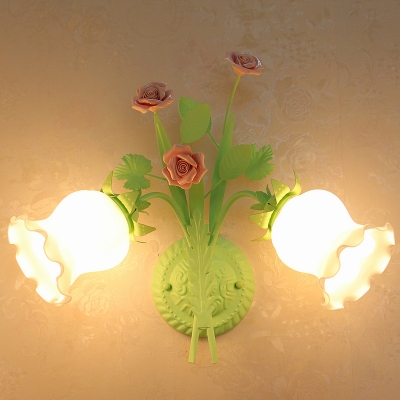 Scalloped Bedroom Wall Lamp Pastoral Style Frosted Glass 2 Heads Pink/Green/White Wall Sconce with Flower Decor