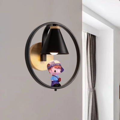 Schoolboy Wall Mount Light Kids Wood 1 Bulb Black/White Sconce Lamp with Cone Shade and Arched/Rind Arm
