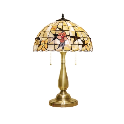 Shell Gold Night Light Dome Shape 2-Light Tiffany Pull Chain Desk Lighting with Flower Pattern