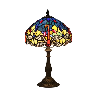 Stained Glass Bronze Desk Lamp Bowl 1 Light Tiffany Style Dragonfly Patterned Night Light