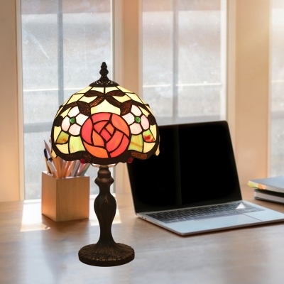 Stained Glass Bronze Nightstand Light Bowl 1 Head Mediterranean Night Table Lamp with Rose Pattern