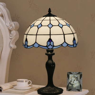 Tiffany Domed Night Lamp 1 Bulb Cut Glass Table Lighting in White with Diamond Pattern