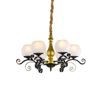 Traditional Swooping Arm Chandelier Lamp 6 Bulbs Metal Ceiling Pendant in Black and Gold with Dome White Glass Shade