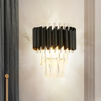 Tube-Edge Tiered Crystal Flush Mount Modern Stylish 2 Bulbs Sitting Room Wall Sconce Light in Black