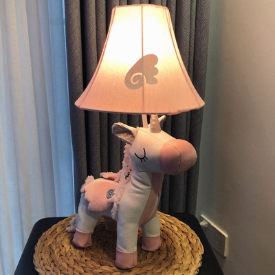 Unicorn Fabric Nightstand Light Cartoon 1 Bulb Pink Night Table Lamp with Flared Shade