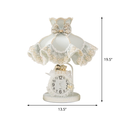 White 1-Light Night Lamp Rustic Fabric Royal Dress Table Lighting with Clock Decor