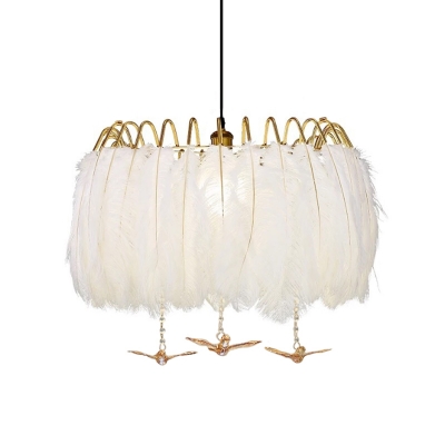 White 4-Light Hanging Pendant Contemporary Metal Feather Ceiling Chandelier for Bedroom