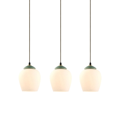 White Glass Dome/Bell Multi-Light Pendant Rural Style 3 Bulb Living Room Down Lighting with Linear Canopy