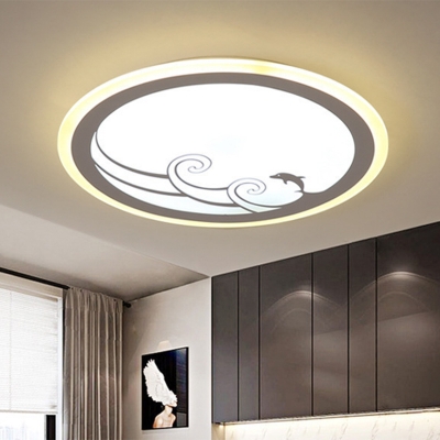 White Ultrathin Round Ceiling Light Kids Acrylic LED Flush Mount Lamp with Dolphin and Surge Pattern, Warm/White Light