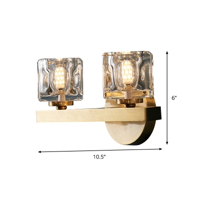 1/2-Head Wall Mount Lamp Postmodern Corner Sconce Light with Cube Crystal Shade and Brass Arm
