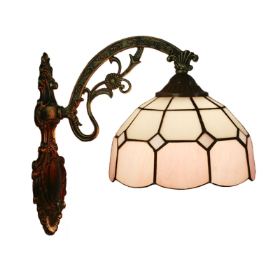 1 Bulb Grid Bowl Wall Lamp Tiffany Red/Pink/Blue and White Glass Sconce Light Fixture with Carved Bent Arm