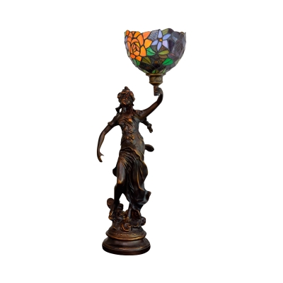 1-Bulb Night Light Baroque Bowl/Flared Stained Art Glass Flower/Grapes Patterned Nightstand Lamp in Orange/Green