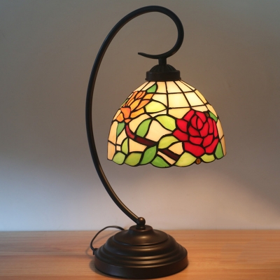 1-Light Bedside Night Table Lighting Baroque Red/Pink/Orange Petal Patterned Nightstand Lamp with Dome Stained Glass Shade