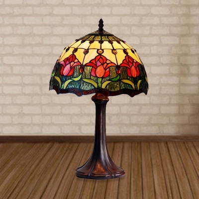 1-Light Night Light Tiffany Style Bowl Shaped Stained Glass Tulip Patterned Table Lighting in Bronze