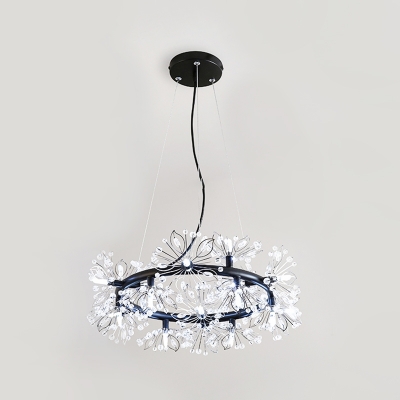 18 Lights Crystal Hanging Chandelier Modernist Black Circle Living Room Pendant with Floral Design