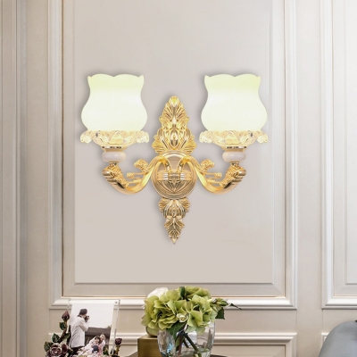 2-Bulb Wall Lighting Ideas Antiqued Flowerbud Frosted Glass Sconce Light with Carved Cloud Detail in Gold