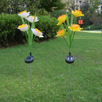 4-Head Backyard Solar Stake Lights Modern Orange-Yellow/White/Yellow-White LED Ground Lighting with Daffodils Fabric Shade, 2pcs