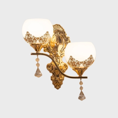 2-Head Opal Glass Sconce Light Fixture Antique Gold Floral Detailing Dome Dining Room Wall Mount Light