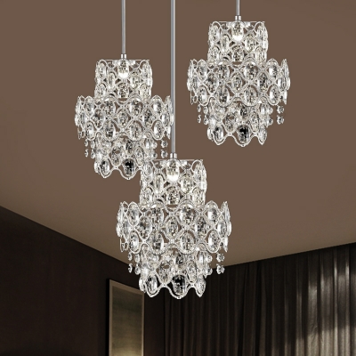 2 Layers Clear Crystal Cluster Pendant Modernism 3 Heads Living Room Ceiling Light