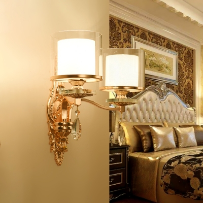 2-Light Wall Sconce Vintage Double Cup Shade Clear and Opal Glass Wall Light Fixture in Gold