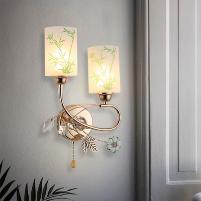 2 Lights Frosted Glass Sconce Modern Gold Cylinder Bedroom Wall Light with Bamboo Pattern and Pull Chain