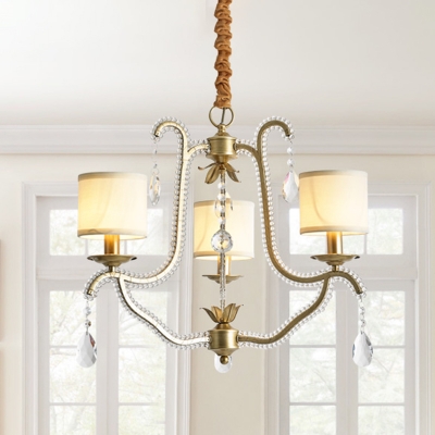 3 Heads Chandelier Lighting Rural Urn Frame Crystal-Bead Coated Pendant Lamp in Gold with Cylinder Fabric Shade