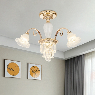 3 Heads Crystal Flush Mount Chandelier Modern Gold Flounce-Trim Dining Room Semi Flush Light
