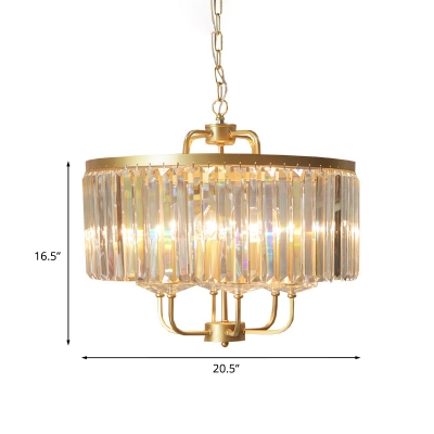 6-Bulb Crystal Rectangle Chandelier Postmodern Gold Finish Drum Bedroom Ceiling Suspension Light
