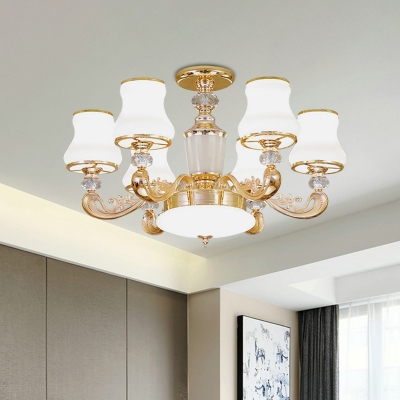 6 Bulbs Semi Flush Mount Chandelier Contemporary Curved White Glass Close to Ceiling Light in Gold