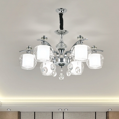 6 Lights Ceiling Chandelier Modern Living Room Drop Lamp with Cup Clear and White Glass Shade in Chrome