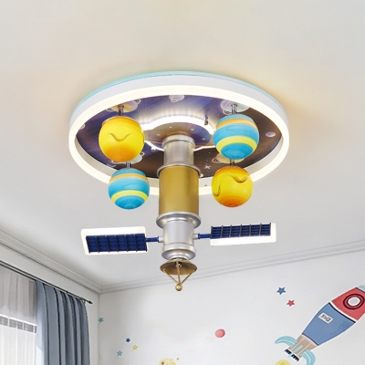 Acrylic Space Station Ceiling Fixture Kids Yellow and Blue LED Flush Mount Light