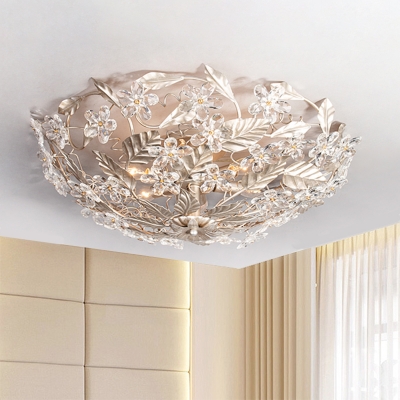 Aged Silver 2-Head Ceiling Flush Modern Crystal Petal Semi Flush Mount with Leaf Decor