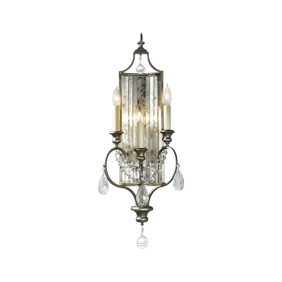Antiqued Silver Candlestick Wall Lamp Countryside Iron 1/3-Light Living Room Sconce with Crystal Backplate